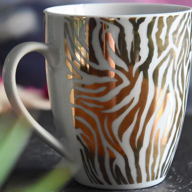 Gold and White Zebra Print Mug with a White Handle