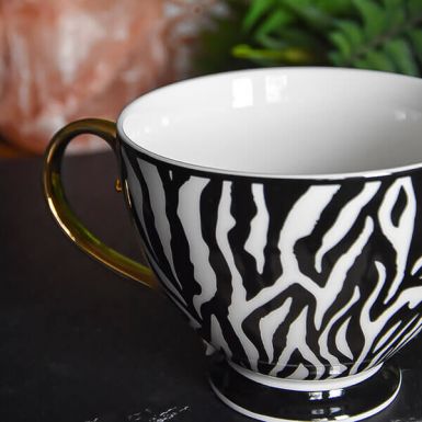 Black and White Zebra Print Footed Mug with a Gold Handle