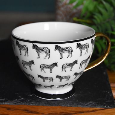 Black and White Zebra Design Footed Mug with a Gold Handle