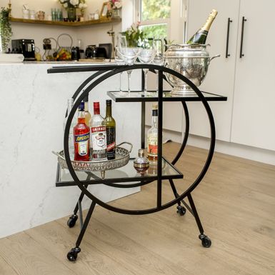Art Deco Style Black Metal Drinks Trolley with Staggered Glass Shelves