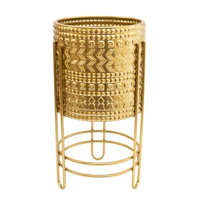 Small Gold Embossed Metal Planter on Stand