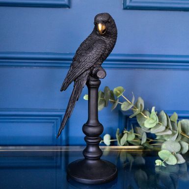 Black and Gold Parrot Bird Ornament on Stand