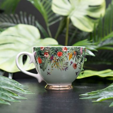 Mint Green Floral Chinoiserie Footed Mug with a White Handle
