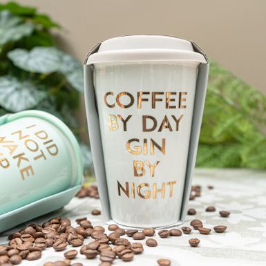 Cream Travel Mug with the Slogan "Coffee By Day; Gin By Night"