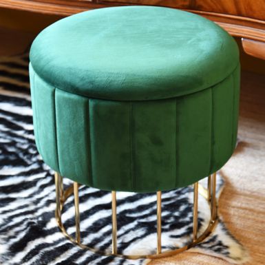 Emerald Green Round Ottoman Stool with a Gold Base
