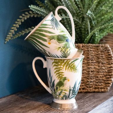 Emerald Green Leaves and Birds Footed Mugs with a White Handle