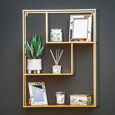 Large Gold Wall Shelf Unit with Three Staggered Tiers