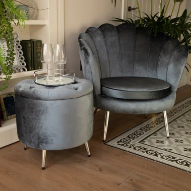 Silver Darcy Velvet Ottoman Stool with Silver Legs