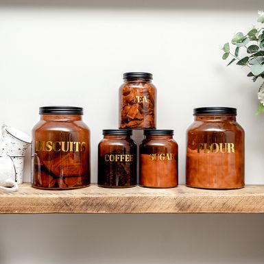 Tea, Coffee, Sugar, Biscuit, Flour Set of 5 Vintage Style Glass Jars
