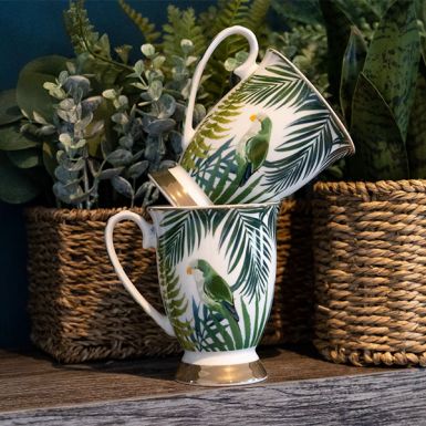 Set of 2 Emerald Leaves & Birds Fancy Footed Mugs