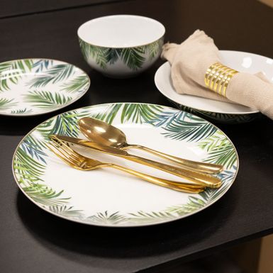 Set of 4 Emerald Eden Decal Dinner Plates With Gold Rim